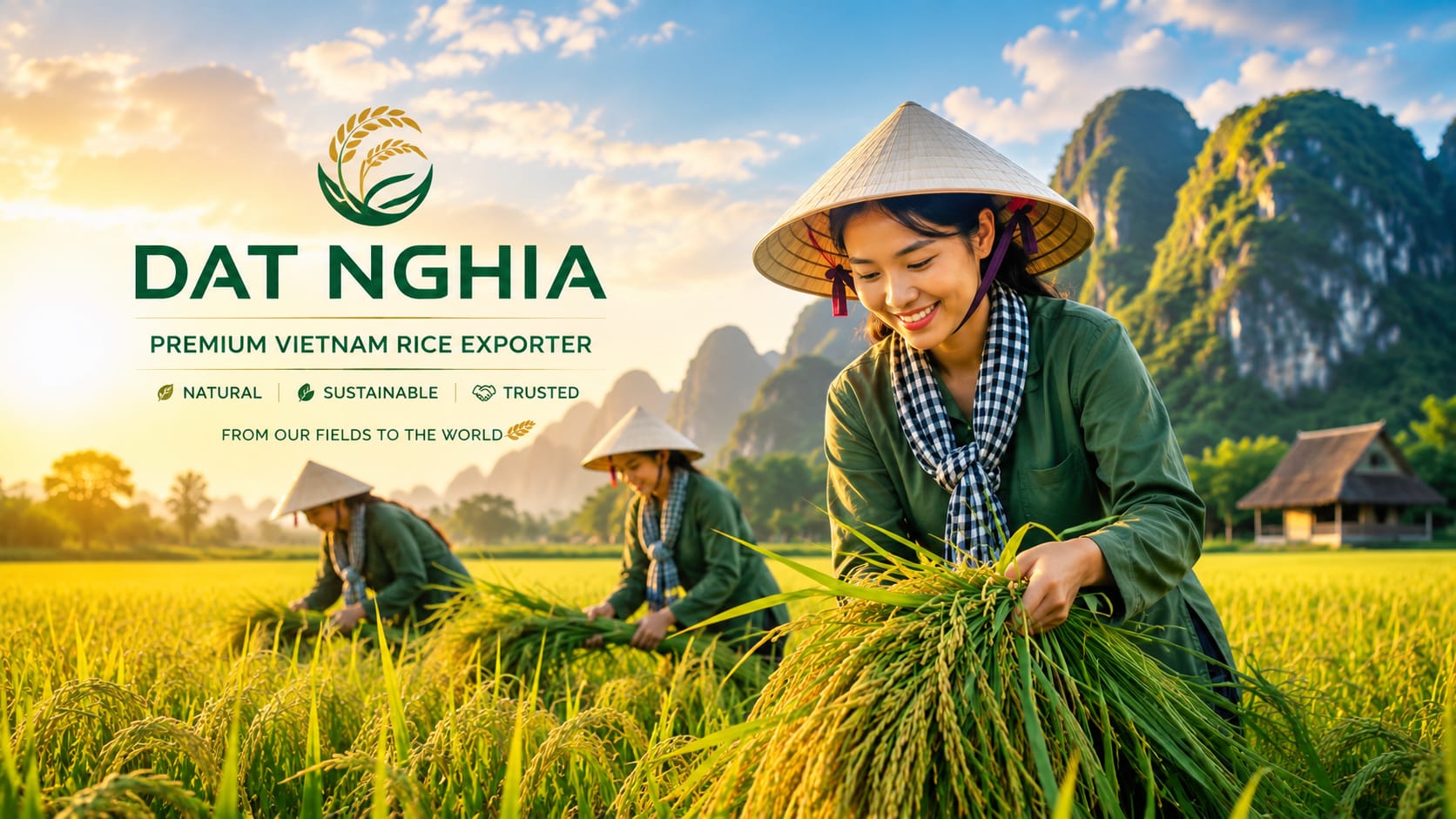 Vietnamese rice field with sack of premium rice